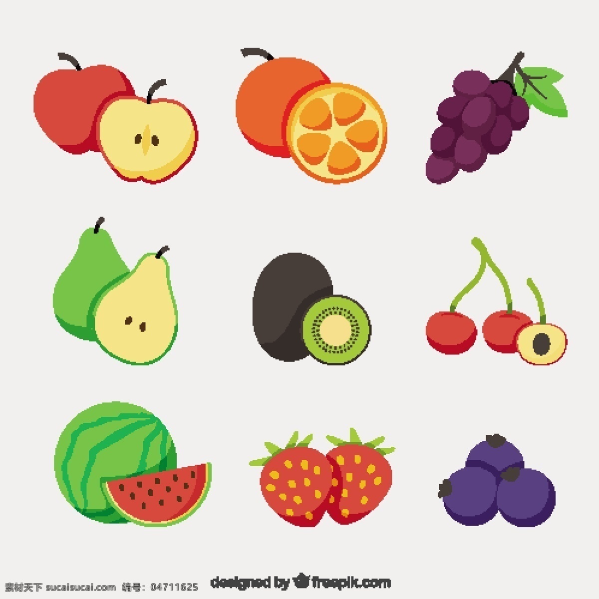 平面设计 中 美味 水果 选择 食品 夏季 颜色 橙子 苹果 平板 天然 健康 草莓 吃 健康食品 西瓜 葡萄 饮食 营养 樱桃