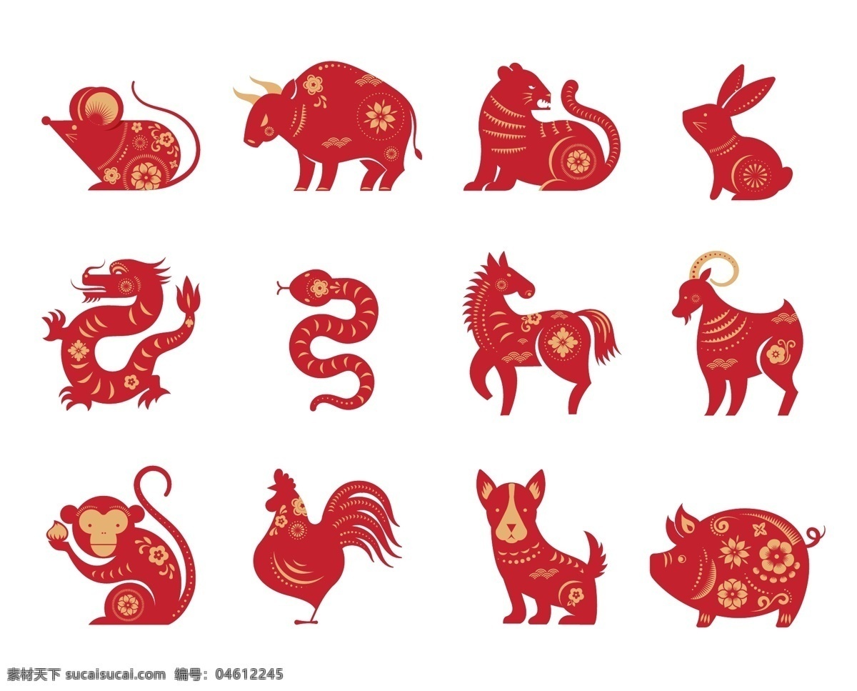 中国 风 牛年 新年 十二生肖 剪纸 矢量 中国风 动物剪影 十二生肖剪影
