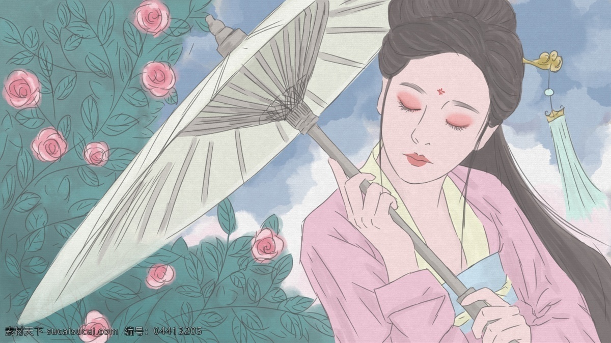 撑伞 古装 妩媚 女子 卡通 背景 美丽 花朵 绿叶