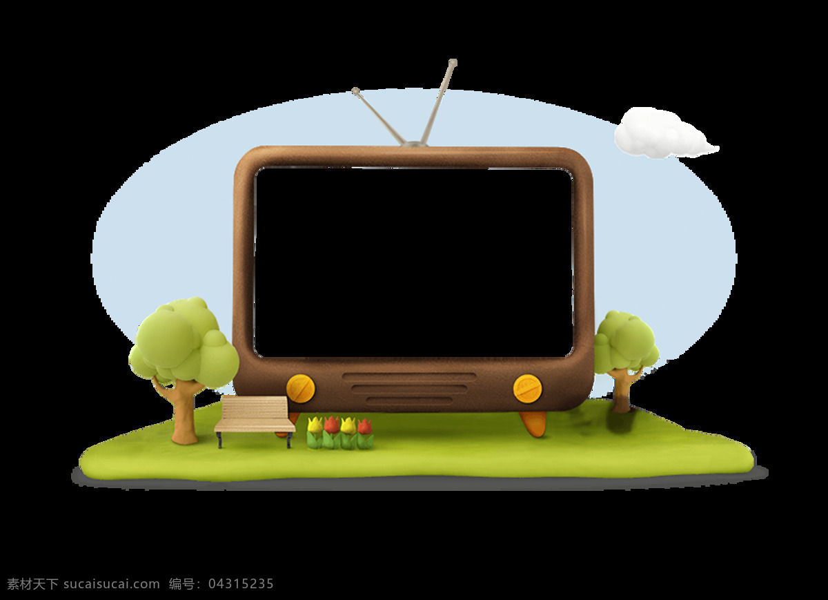 卡通 电视 绿树 草坪 元素 绿色 树 电视机 白云 png元素 免抠元素 透明元素