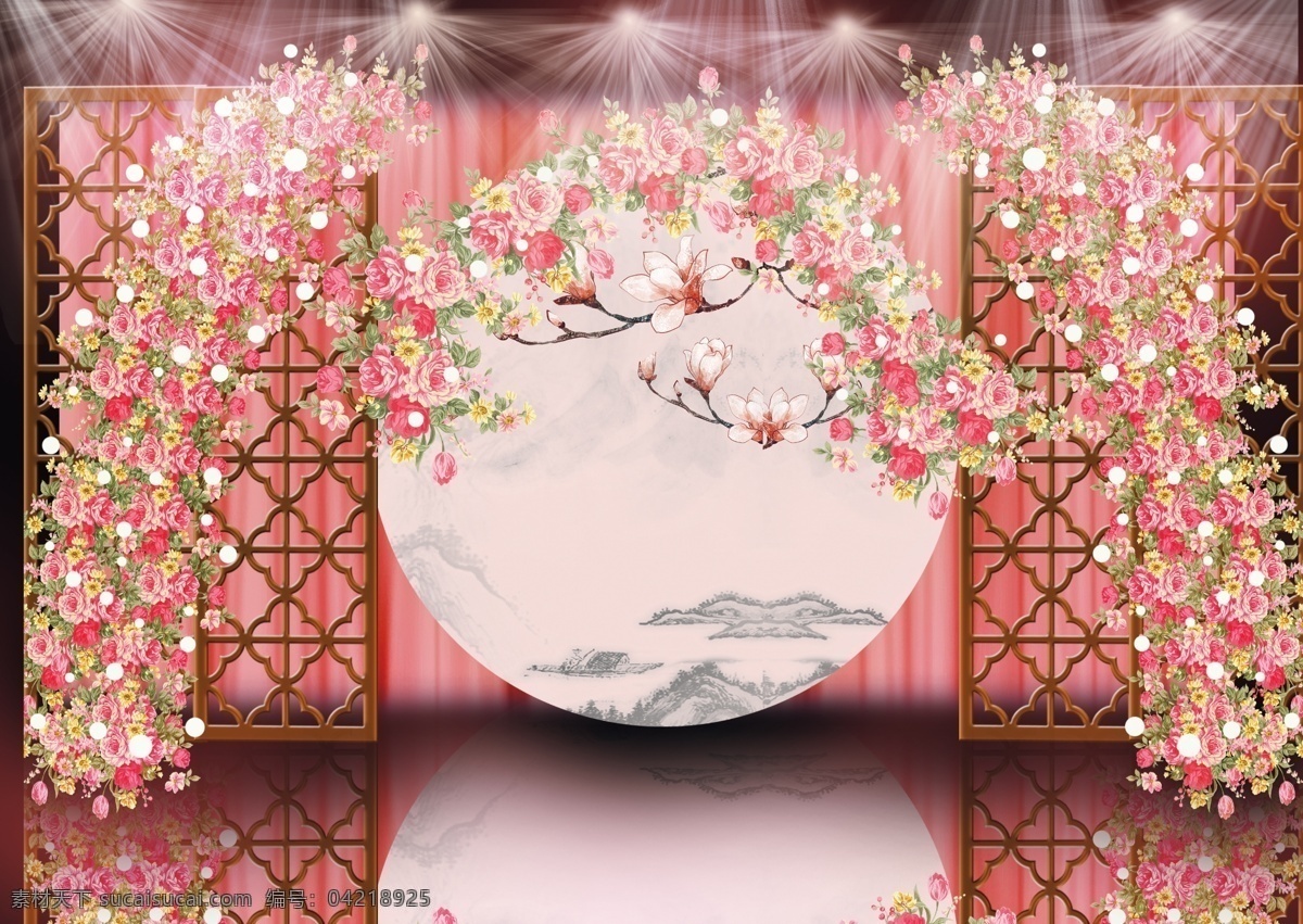 红色 喜庆 婚礼 效果图 山水画 中式 门窗 镂空 雕刻 婚礼效果图