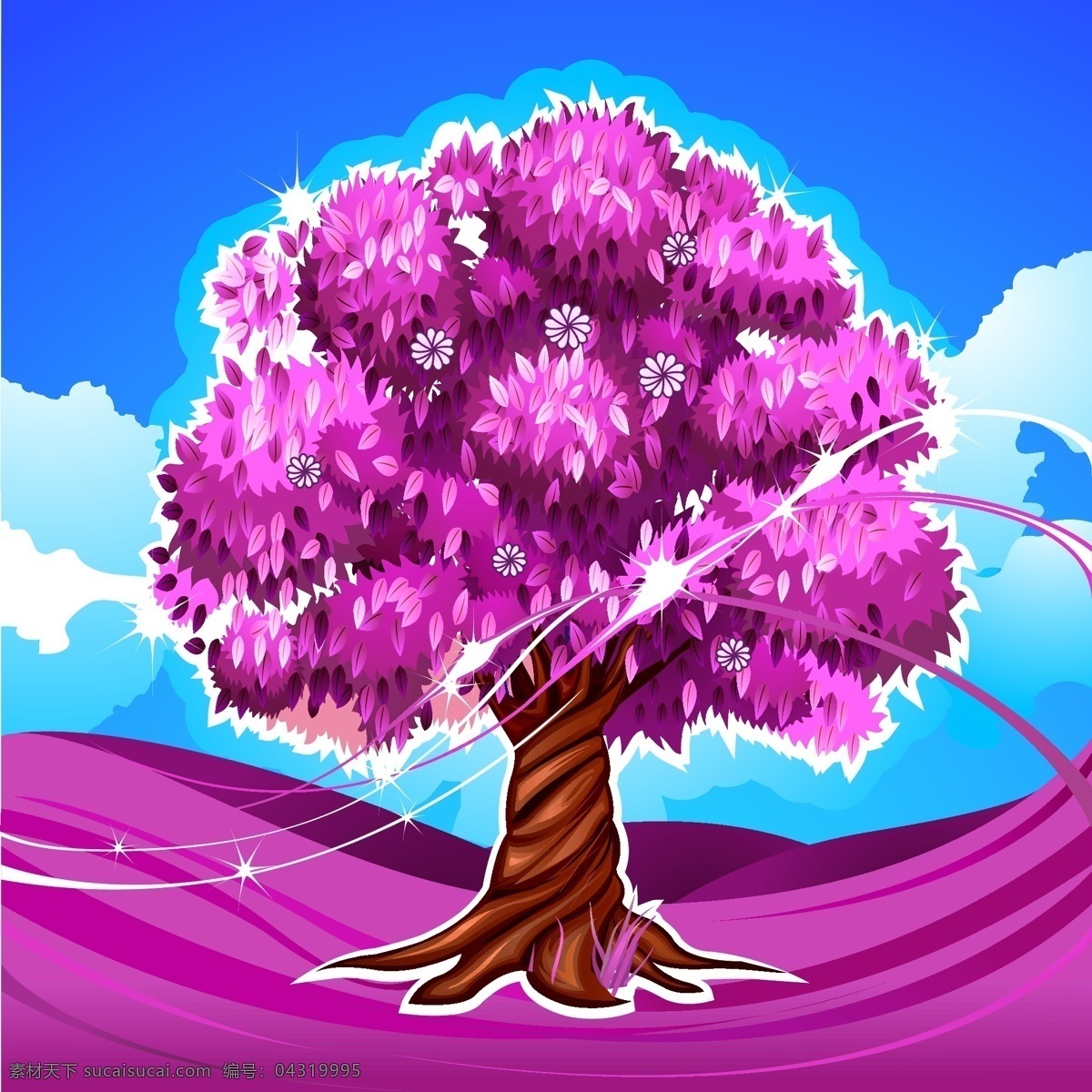 美丽 粉色树 树木 大树 植物 曲线 线条 云朵 光晕 星光 装饰 卡片 插画 背景 海报 画册 矢量植物 生物世界 树木树叶
