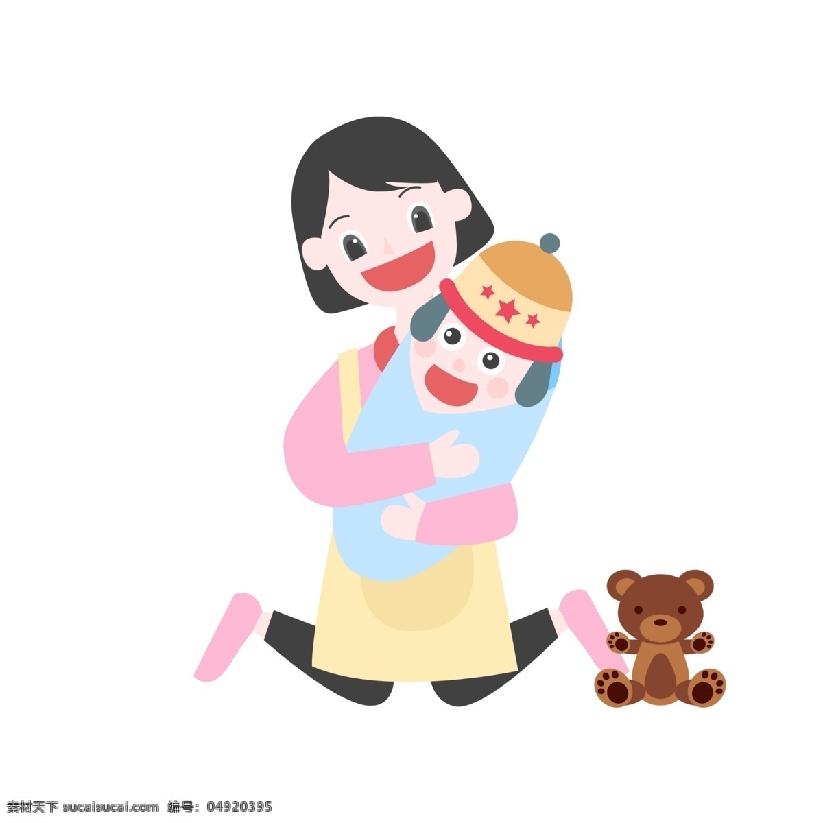 妈妈 跪 哄 孩子 插画 棕色小熊布偶 微笑的妈妈 可爱的宝宝 年轻的妈妈 母婴 跪着的妈妈