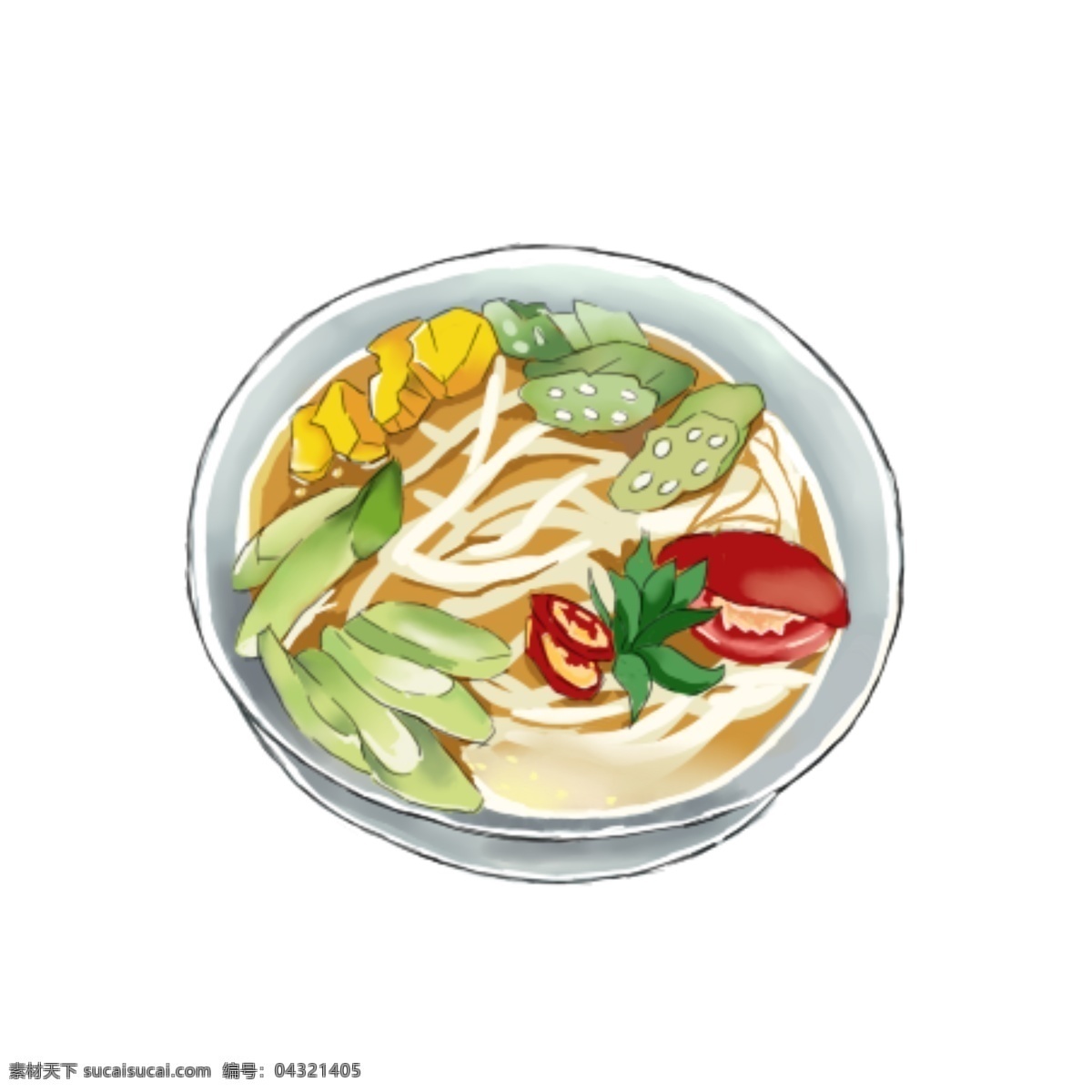 手绘 素食 青菜 西红柿 面条 阳春面 食物 中餐 美食