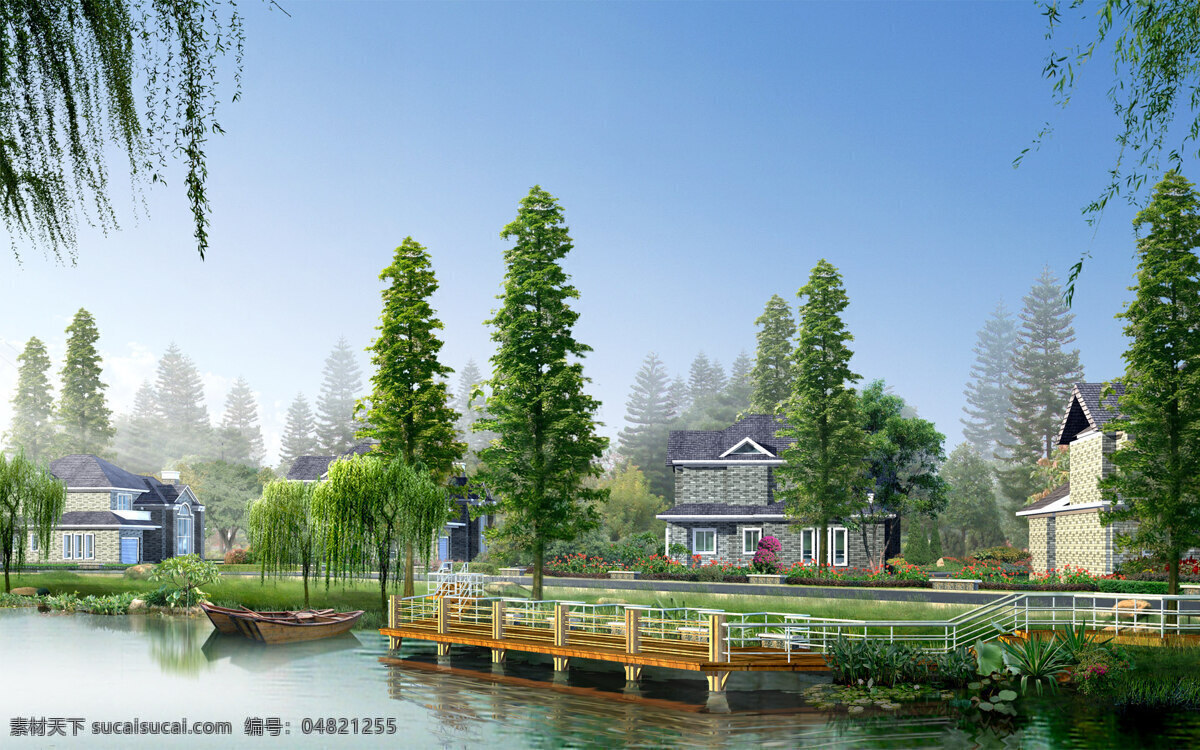 湖边美景 小湖 房子 树木 宽屏建筑风光 景观设计 环境设计
