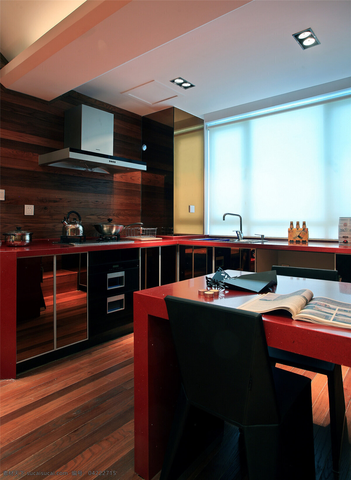 简约 风 室内设计 餐厅 黑红 色调 效果图 现代 餐桌 抽油烟机 烤箱 家装