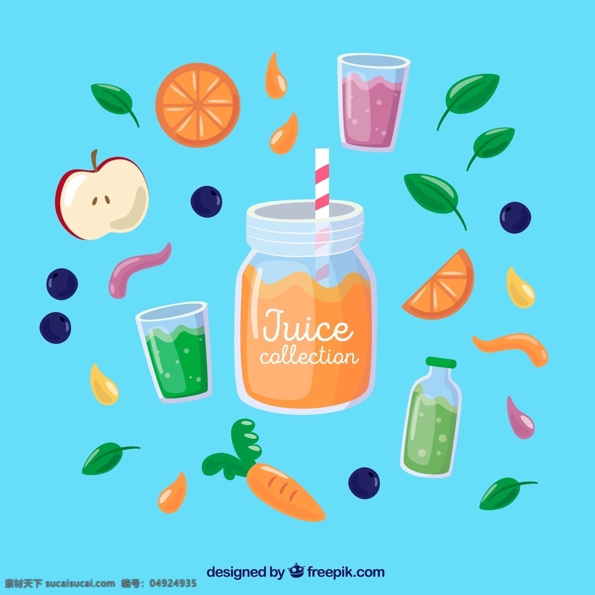 款 彩色 水果 果汁 矢量 苹果 蓝莓 叶子 健康 橙子 胡萝卜 蓝莓汁 橙汁