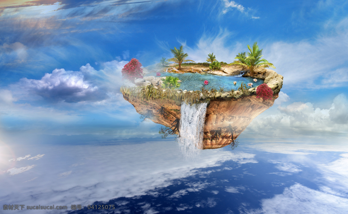 美丽悬浮岛 飞行岛 漂浮的小岛 悬浮岛 瀑布 蓝天 天空 美丽风景 美丽景色 美丽风光 美景 自然风景 自然景观 蓝色