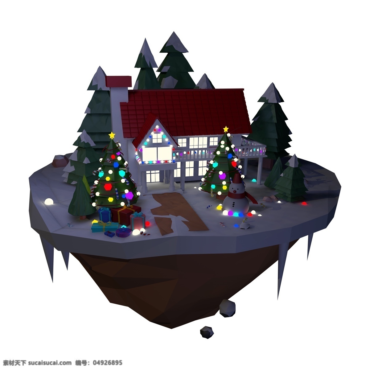 c4d 圣诞 夜 飘浮 小岛 3d 立体 低多边形风格 lowpoly 岛屿 圣诞树 彩色 发光球 雪人 礼盒 小房子 雪地