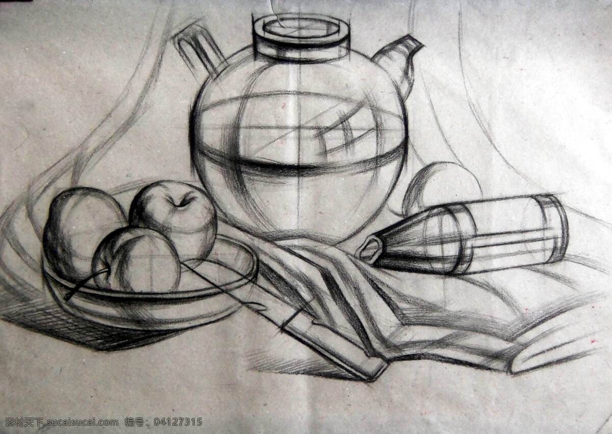 结构素描 绘画 素描 静物 罐子 酒瓶 水果 苹果 梨 水果刀 台布 自然光 横构图 结构 绘画书法 文化艺术