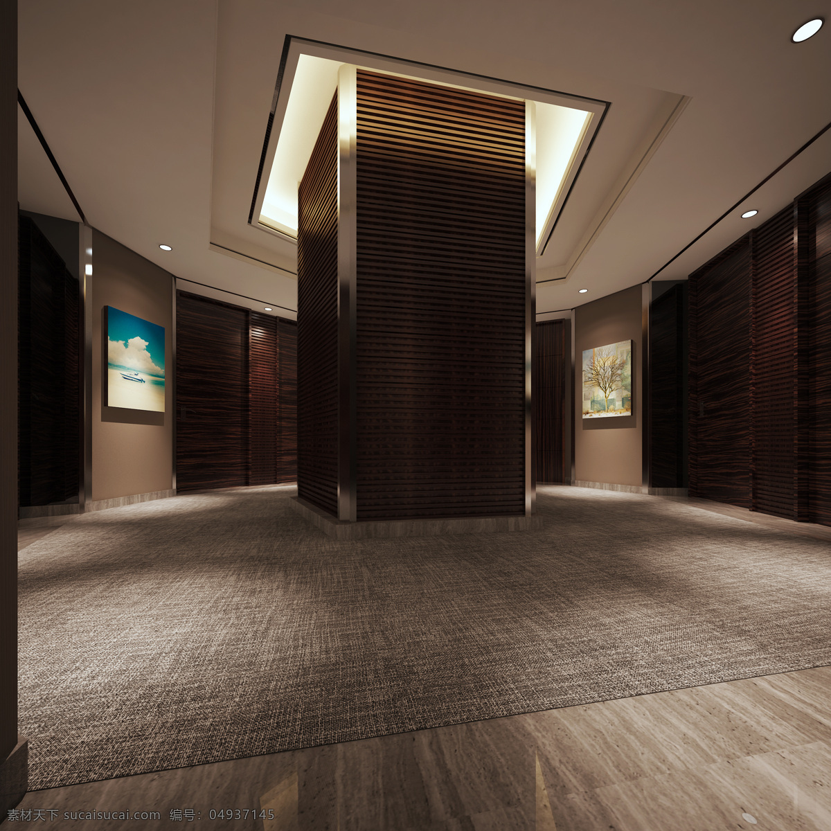 现代 时尚 酒店 走廊 木制 柱子 室内装修 效果图 工装装修 深色地毯 蓝色挂画 酒店走廊