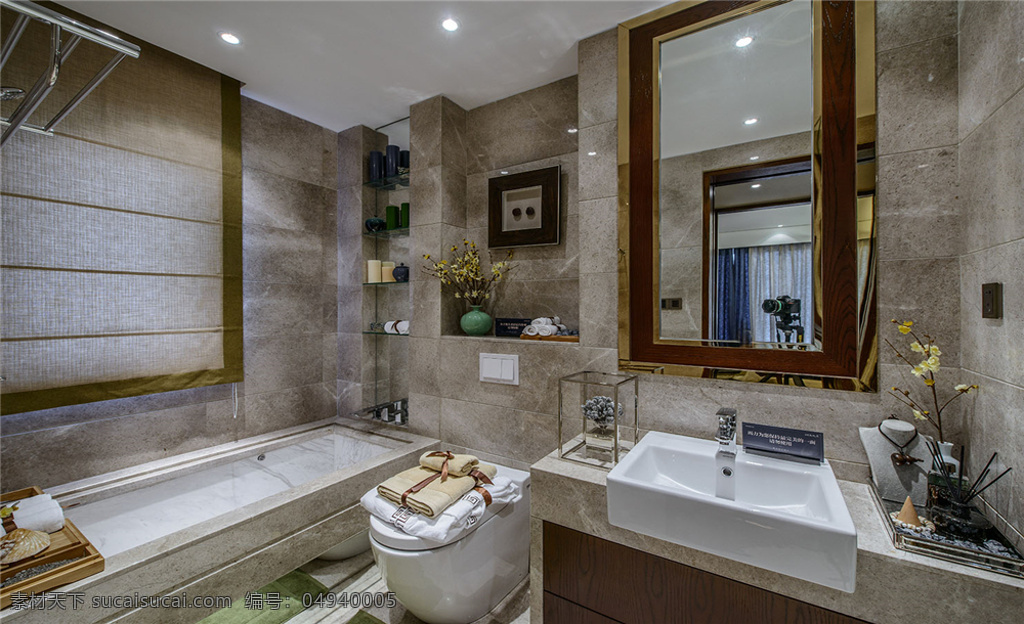 别墅 中式 轻 奢 风格 浴室 浴缸 效果图 轻奢风格 大气装修 浴室浴池