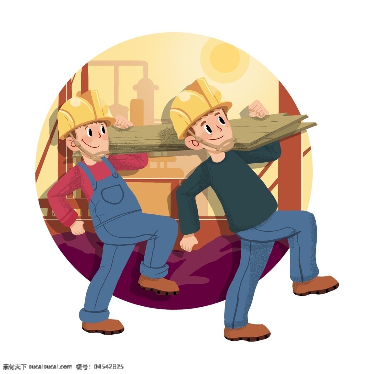 两个 工人 互帮互助 可爱的 卡通的 装饰风格 简约风格 木板 抬东西 扛东西 安全帽