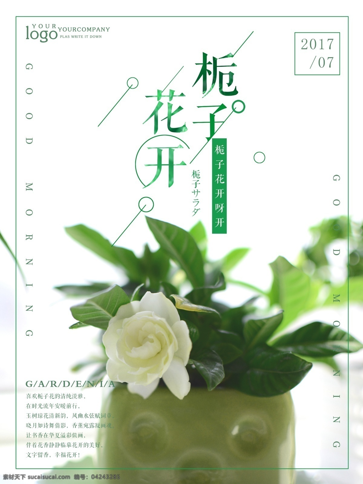 森 系 文艺 栀子 花开 你好 八月 海报 栀子花开 小清新 手绘 简约 级简 日式小清新 唯美 花朵 你好八月 你好夏天 夏天你好 森系 夏季促销 夏季