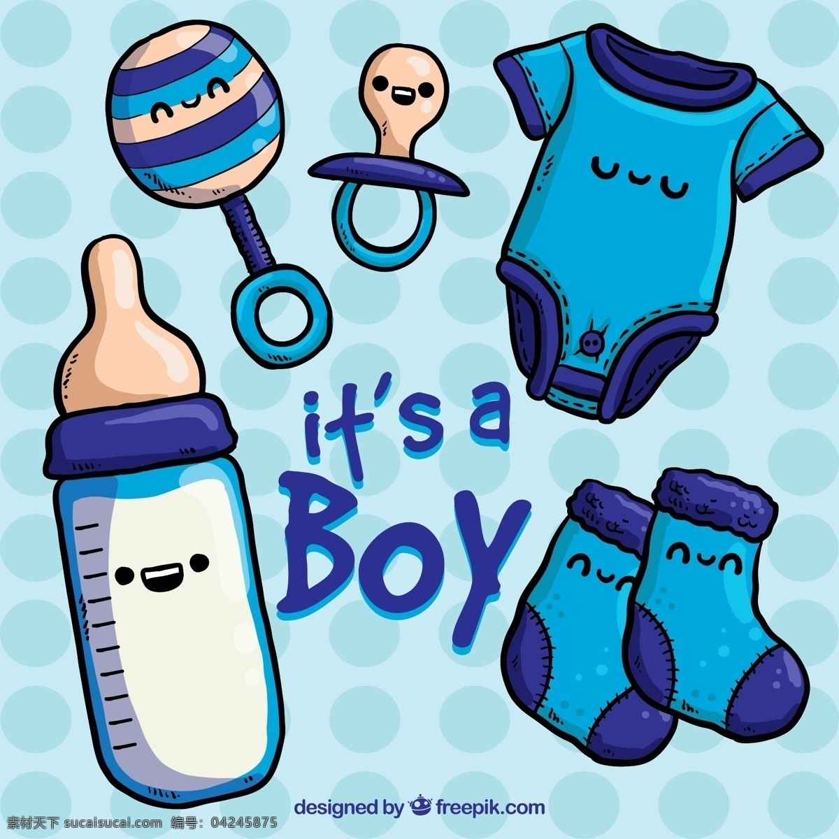 可爱 婴儿用品 矢量 安抚奶嘴 摇铃 奶瓶 袜子 爬服 婴儿 水玉点 蓝色 男婴 矢量图 青色 天蓝色