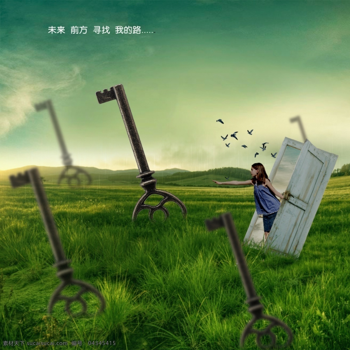 创意合成海报 同学录素材 寻找钥匙 飞鸟 小女孩 门 穿越 草地 蓝天 复古 分层 天空 渐变 仿古