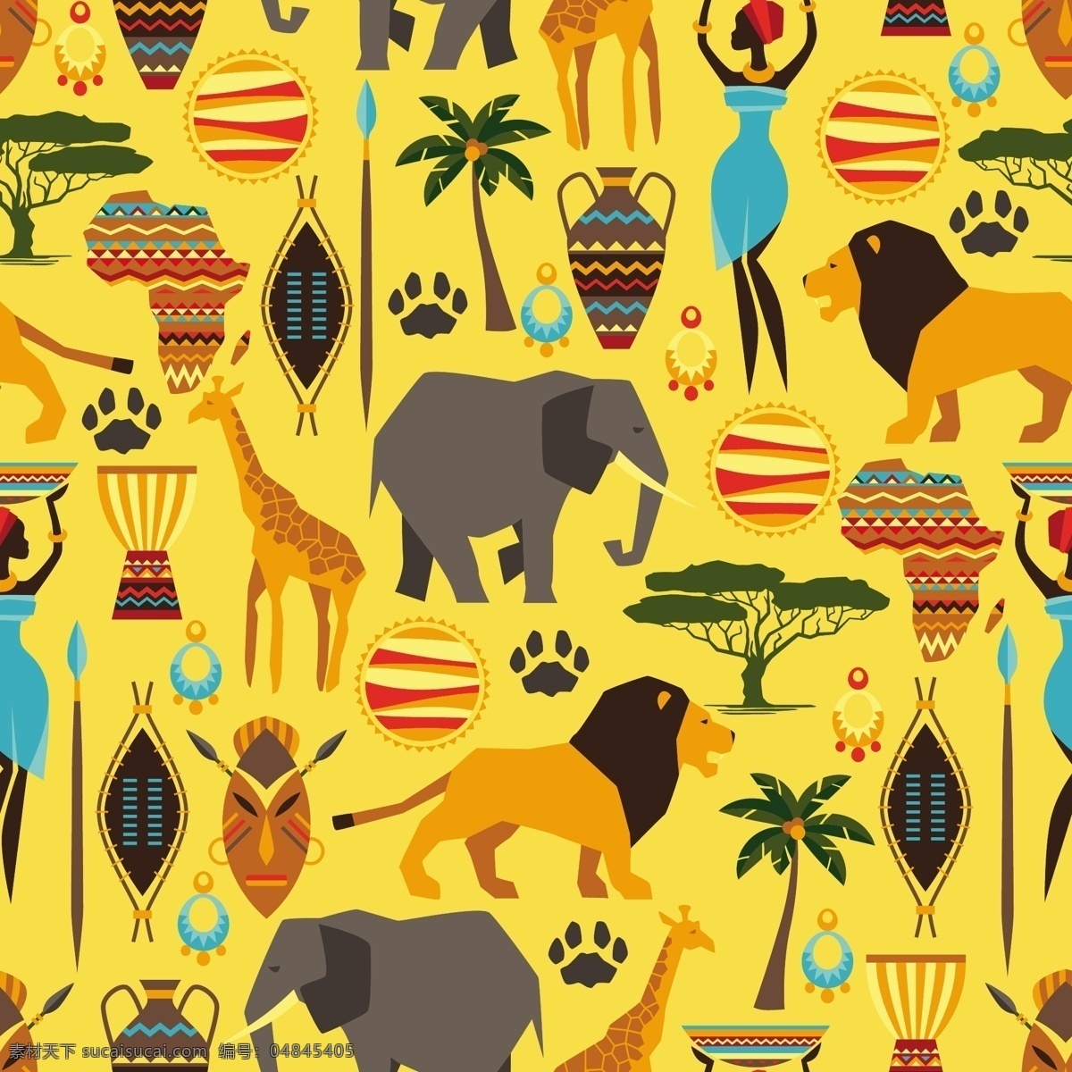 非洲 风格 矢量 无缝 背景 图 动物 人物 异域风情 非洲风格 非洲特色 矢量图 花纹花边