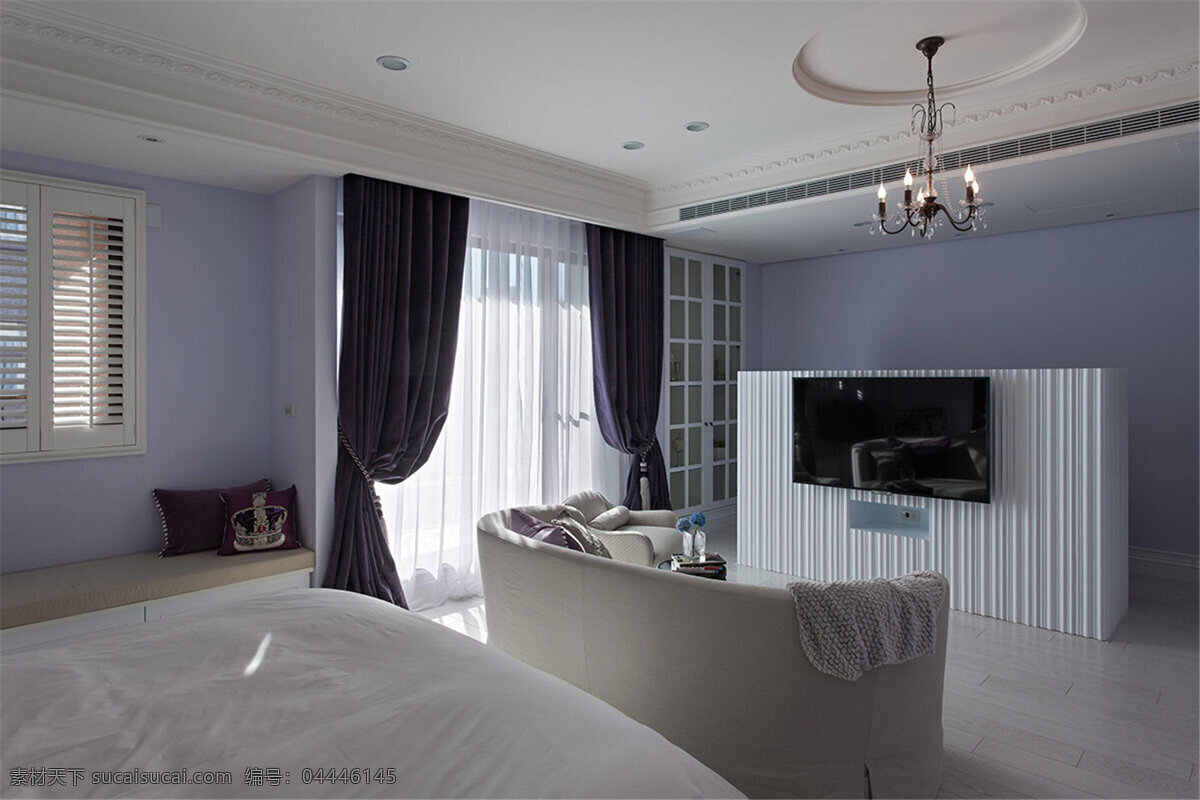 室内 卧室 现代 时尚 装修 效果图 白色时尚大床 实木地板 黑色窗帘 白色实木吊顶 参考吊灯