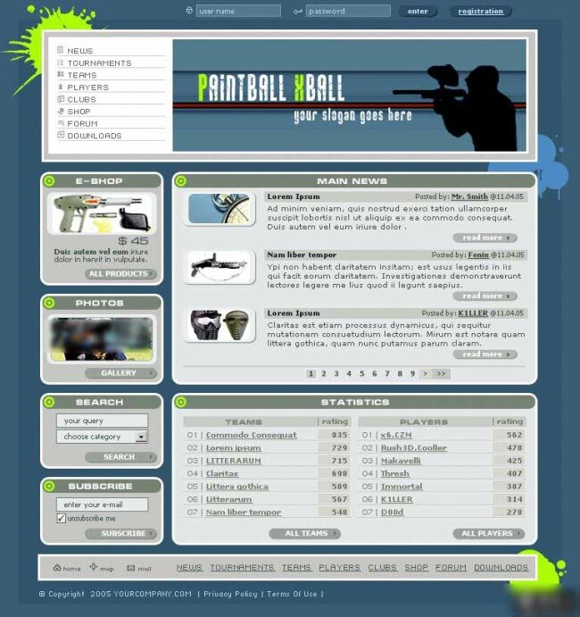 户外 射击 运动 游戏 网页模板 游戏网页模板 蓝灰色背景 网页素材