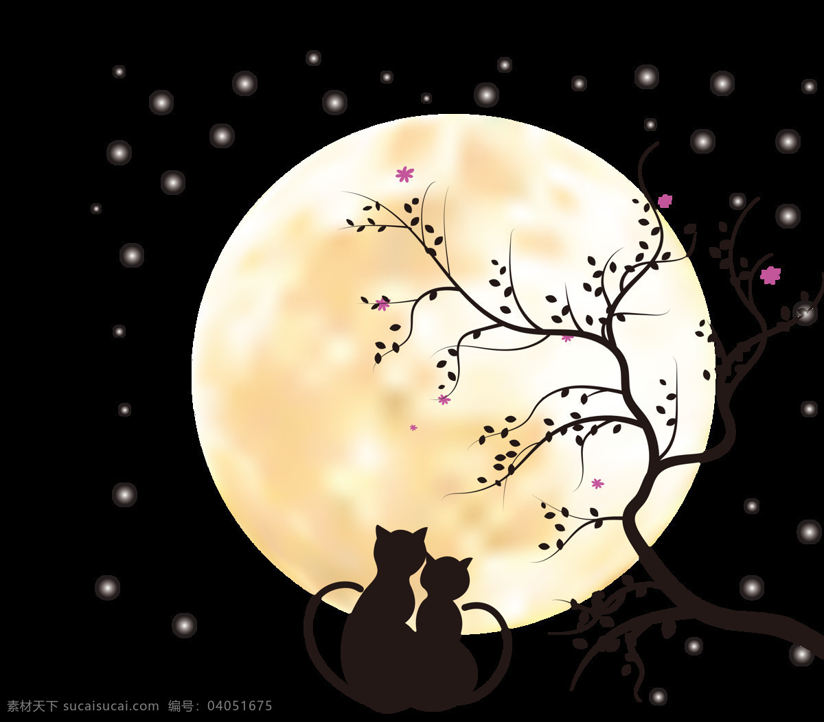 手绘 卡通 扁平 猫 装饰 月亮 树叶 星光 星星 情侣猫
