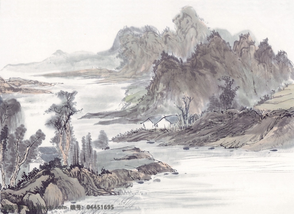 中式 山水 工笔画 水墨 工笔 大山 风景 中式工笔画 文化艺术 绘画书法