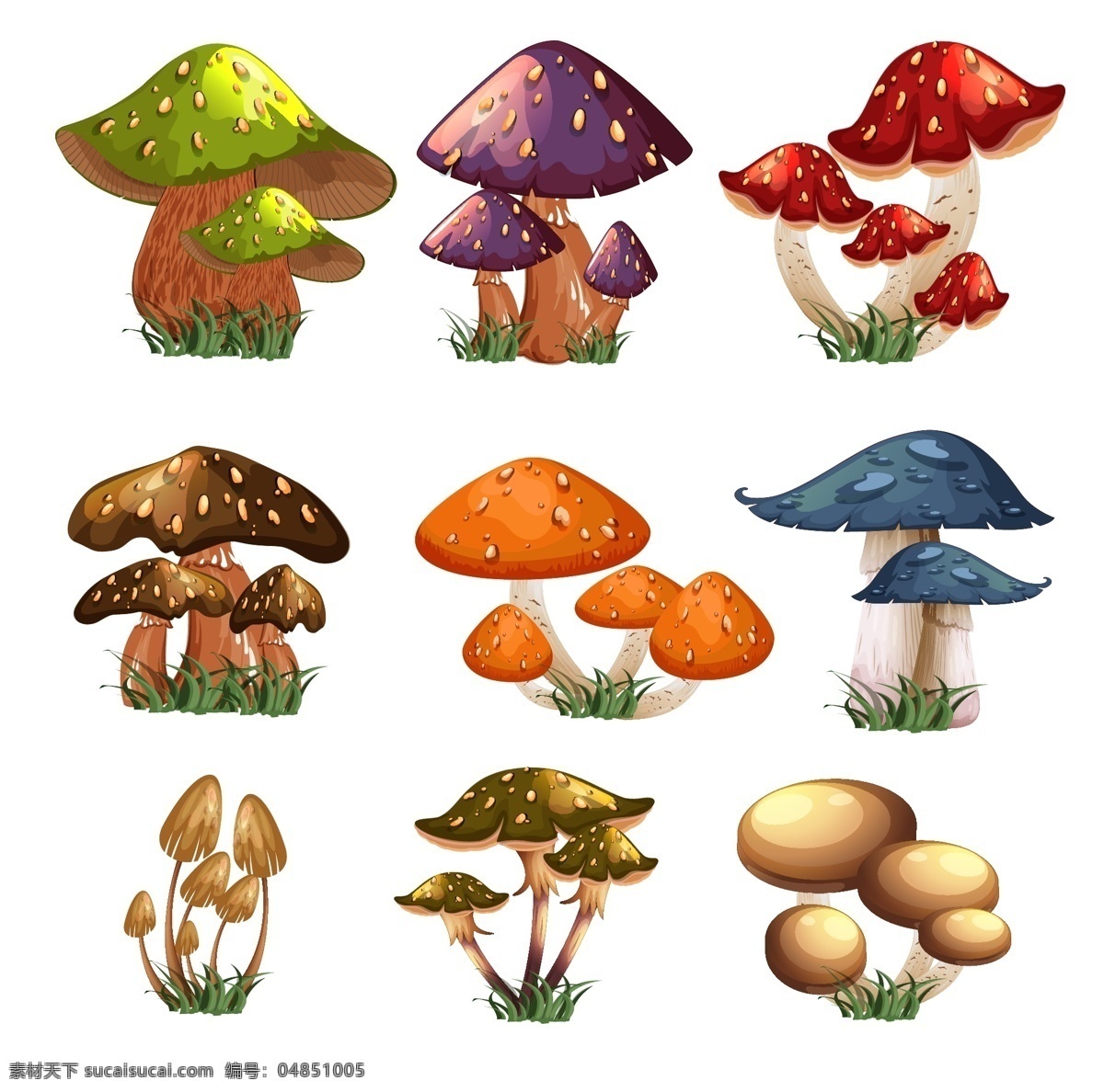 组 卡通 蘑菇 矢量 卡通蘑菇 设计矢量素材 彩色 草地 矢量图 ai格式 生物世界 花草