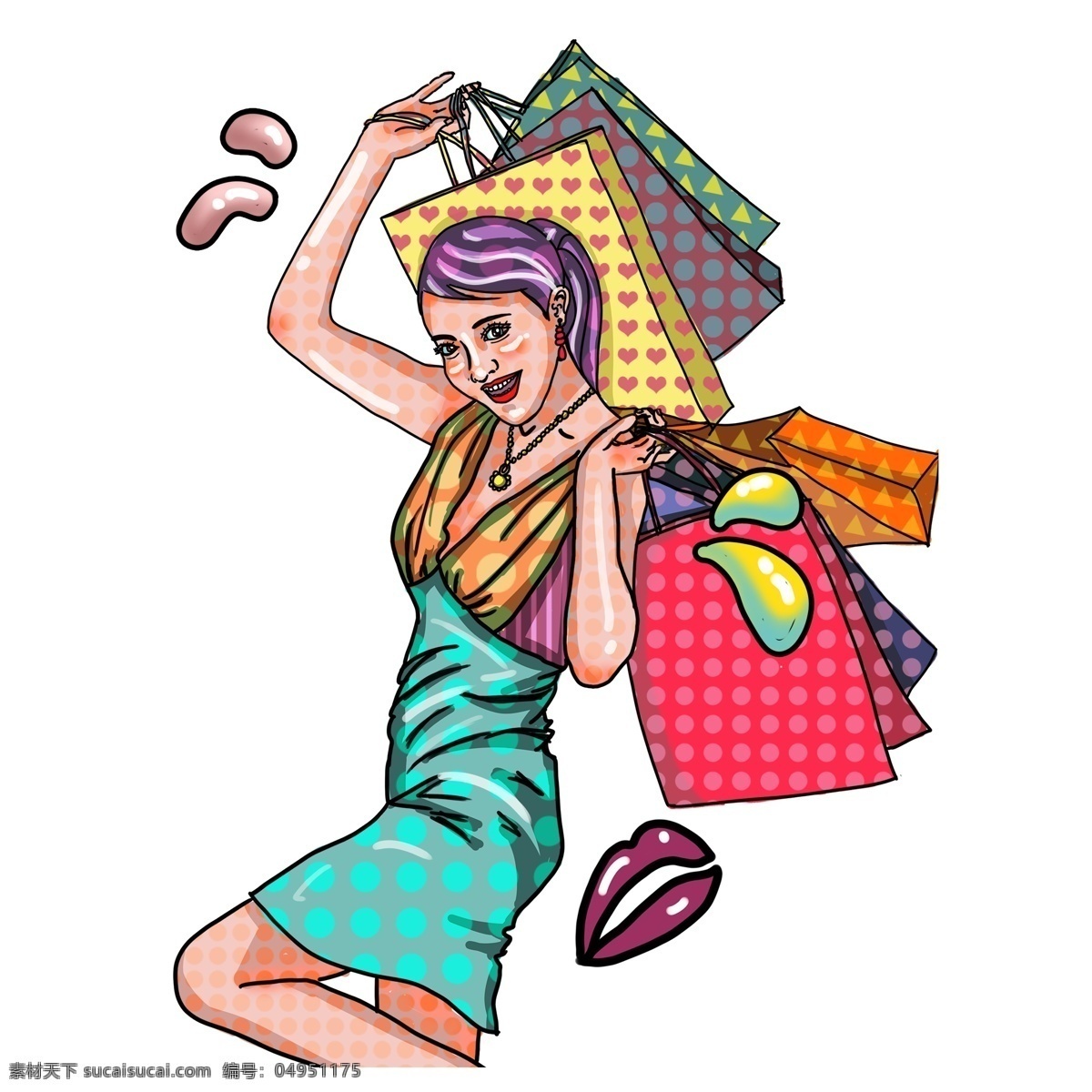 波普 风 疯狂 购物 女性人物 插画 周年庆 人物设计 办年货 手绘 波普风 女人