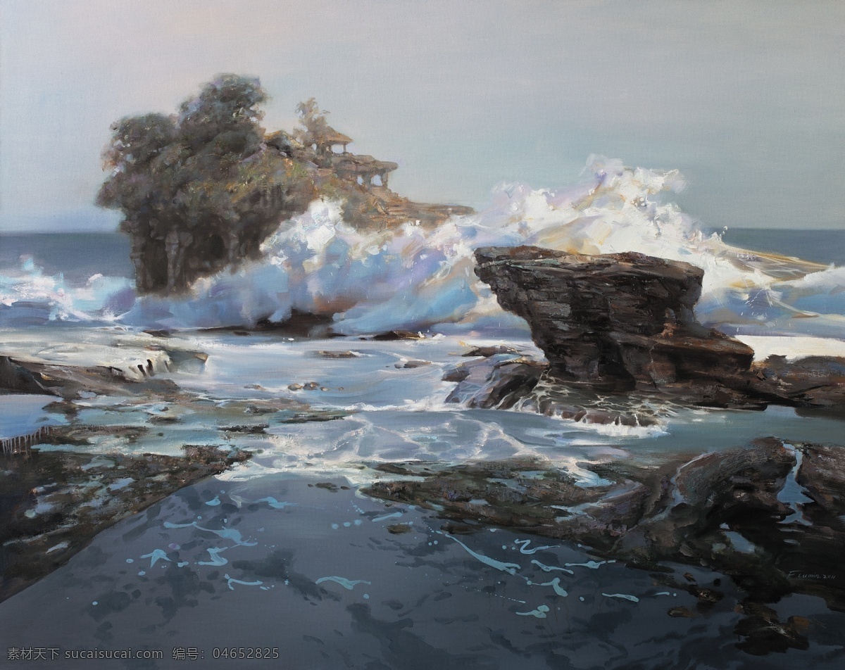 古典风景油画 古典油画 巴厘岛 艺术 绘画 油画艺术 写实油画 海浪 岩石 绘画书法 文化艺术