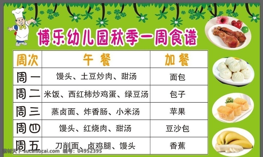 学校 幼儿园 食谱 一周食谱 早晚餐谱 展板模板