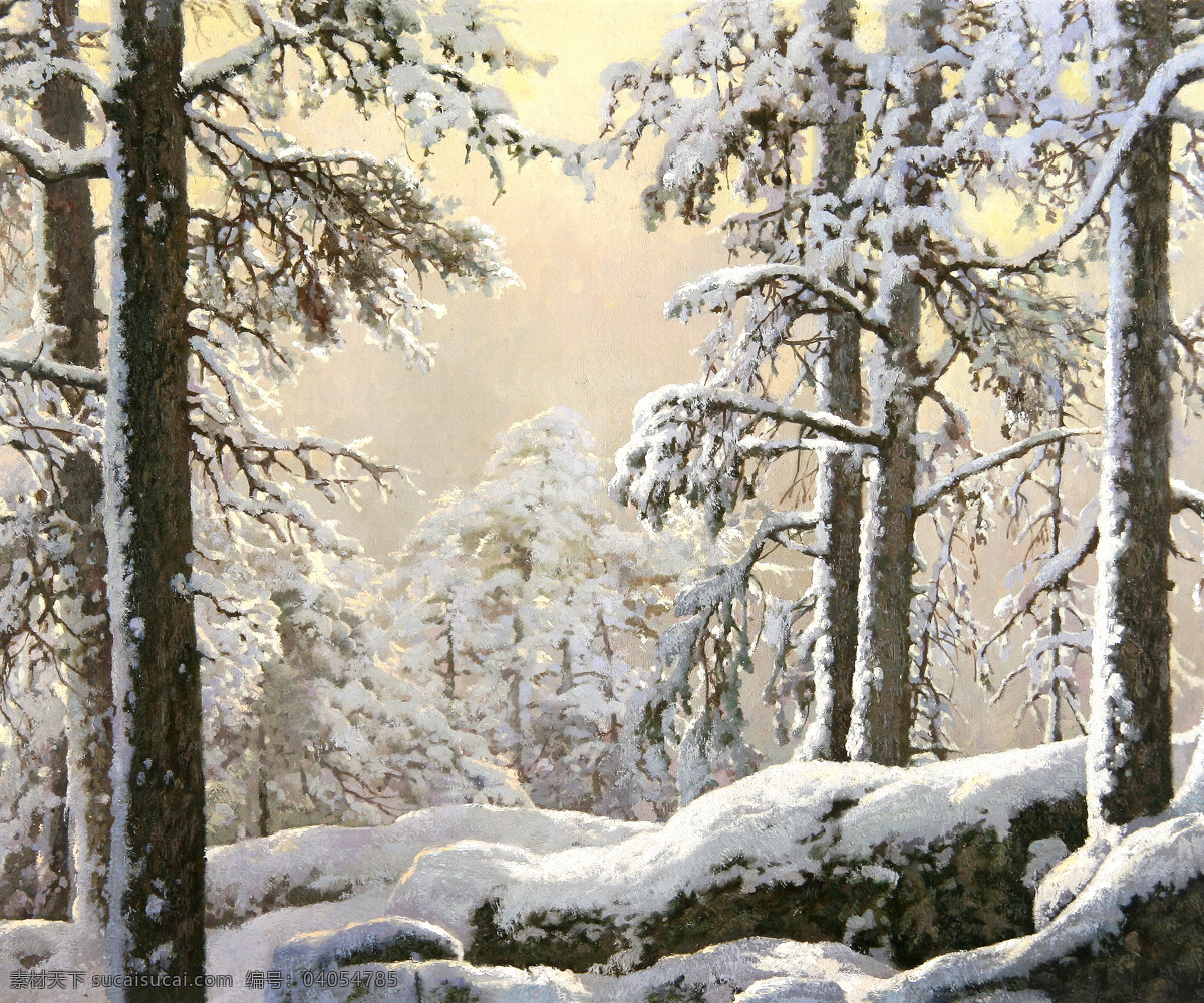 雪景油画 纯手绘油画 高清 风景油画 树林 树木 绘画书法 文化艺术