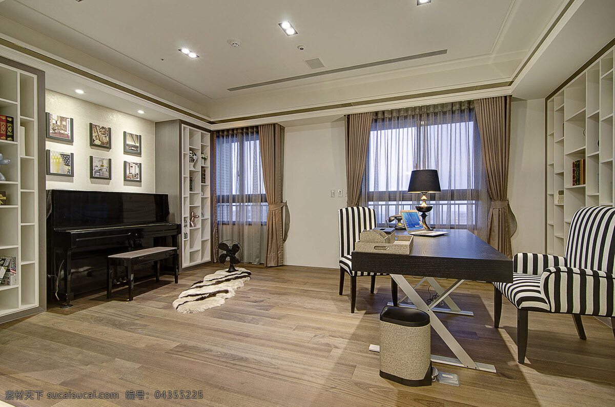 简约 休闲 室 桌椅 装修 效果图 休闲室 吊顶 钢琴 灰色窗帘 木地板 壁画 置物架