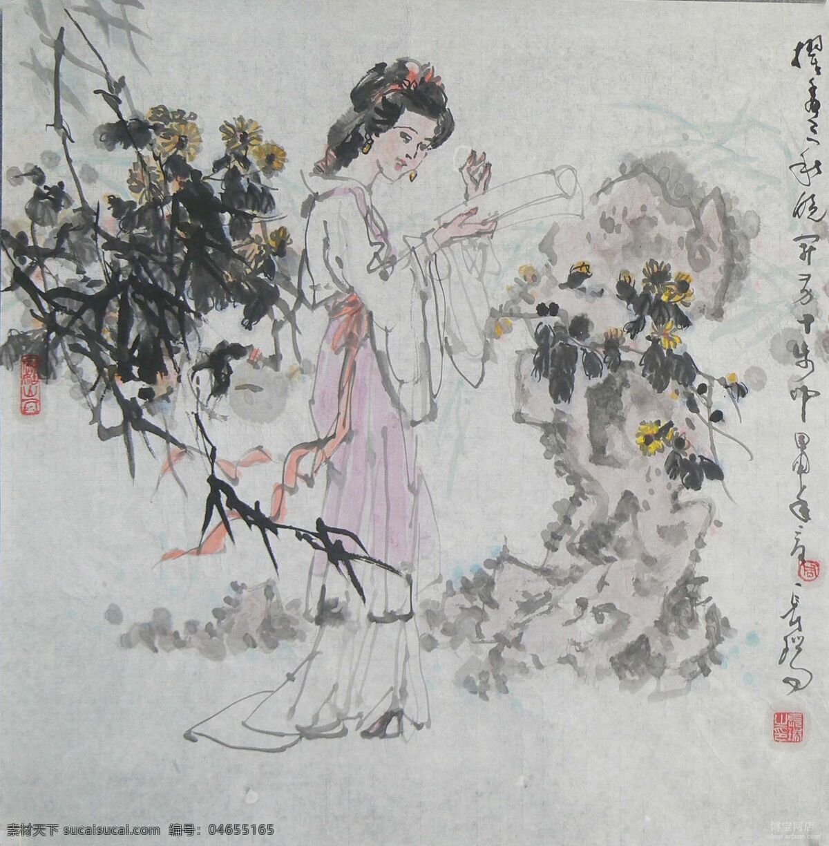 中国画 仕女 燕子 树枝 古代美女 人物画 假山 画卷 菊花 字画 绘画书法 文化艺术
