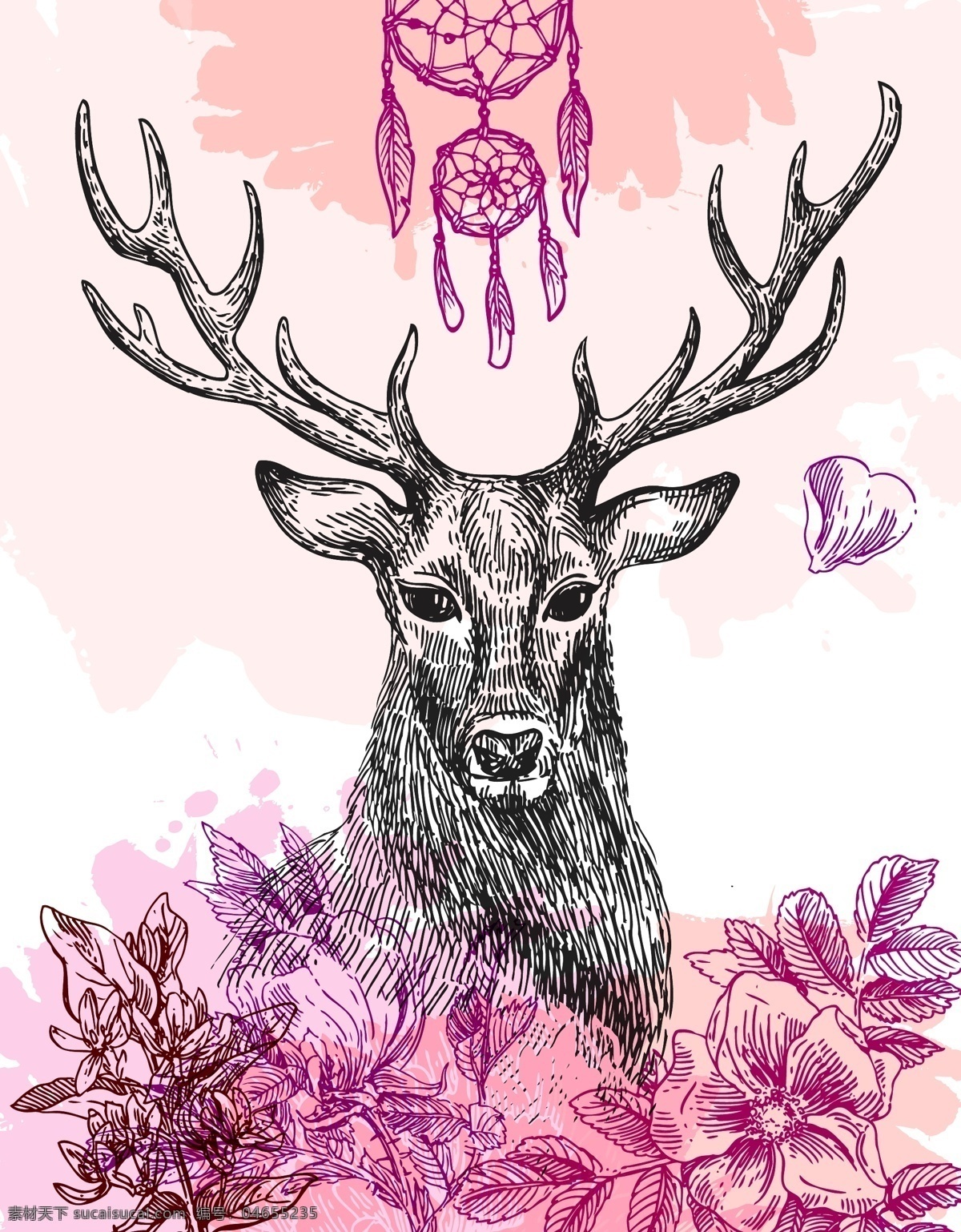 紫色 森 系 鹿角 小鹿 手绘 插画 矢量 水彩 花朵 花束 日系 图案 卡通 绘画 物品