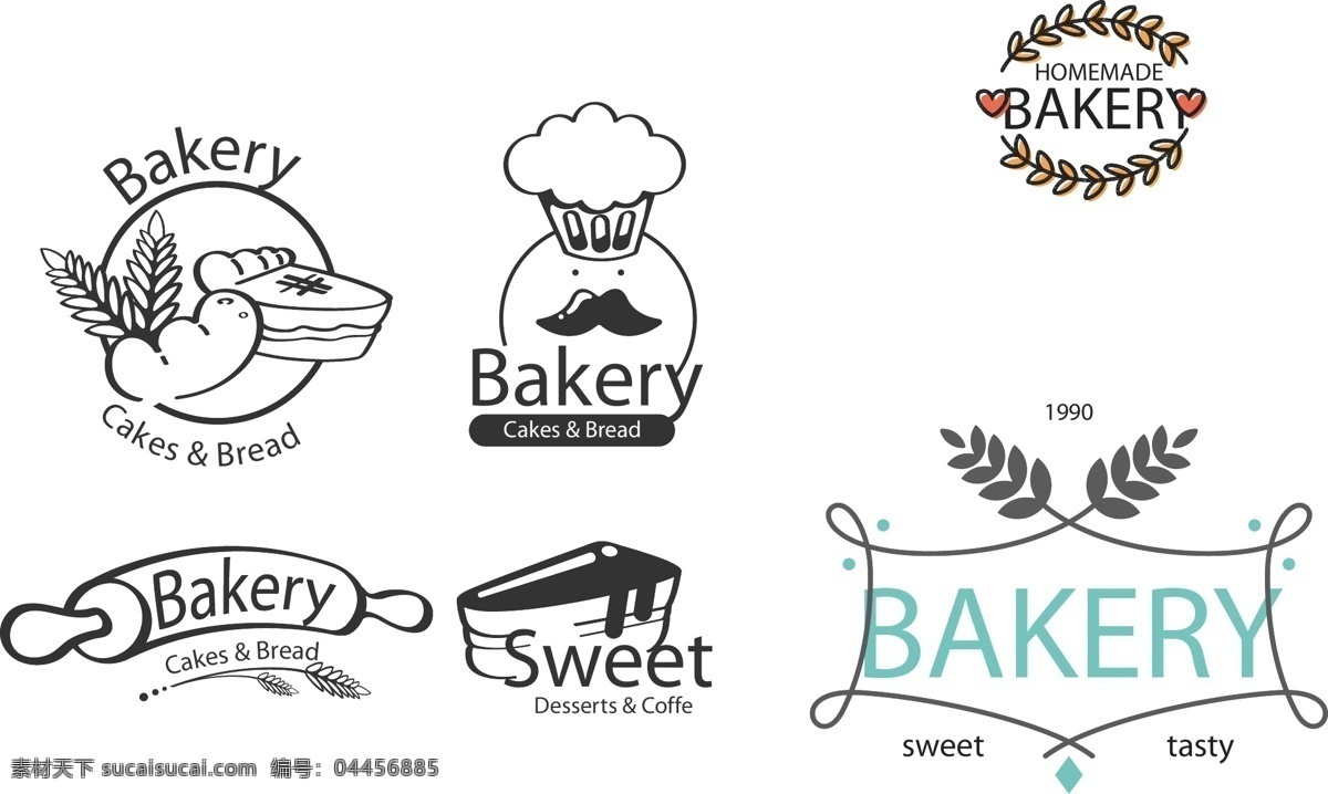 手绘 面包店 标签 矢量 欧美风 蛋糕 咖啡店 甜点 矢量素材 复古标志 食品标志