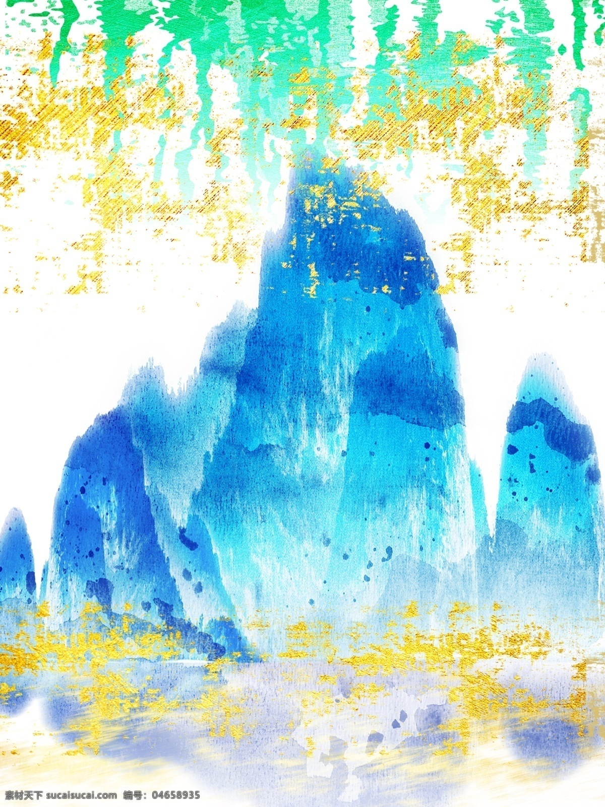 现代 蓝色 水彩 山 客厅 装饰画 金色细碎 蓝色水彩山 纯白色背景 新中式 简约现代 淡绿色 抽象 线条 一联画