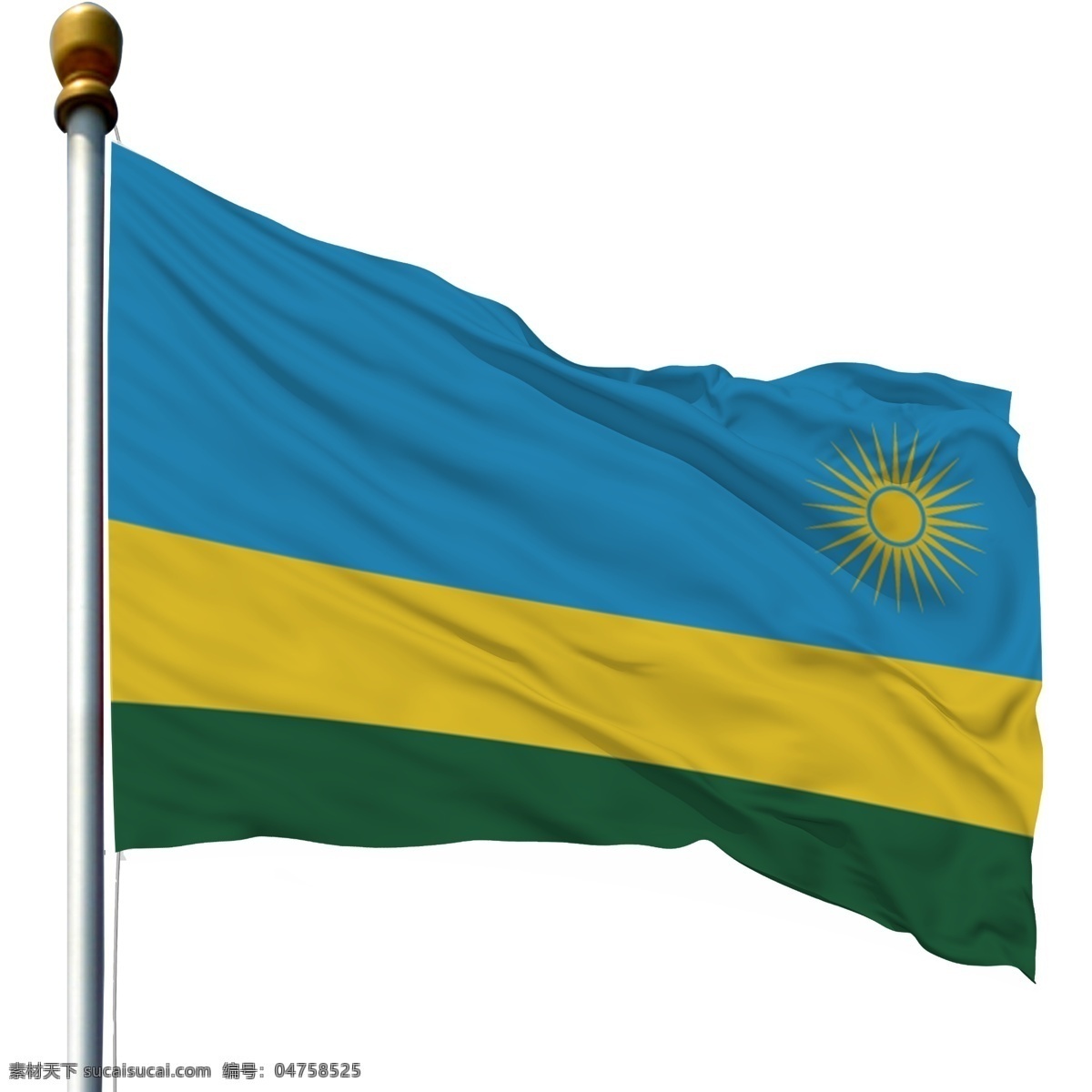 带 旗杆 卢旺达 国旗 飘扬的旗子 带旗杆的旗子 带旗杆的国旗 飘扬 卢旺达国旗
