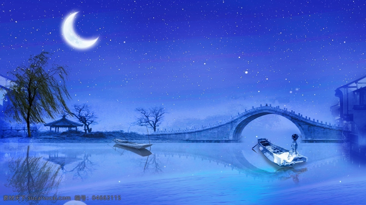 弯弯 月亮 歌曲 led 静态 背景 弯弯的月亮 小桥 流水 泛舟 唯美 分层 背景素材
