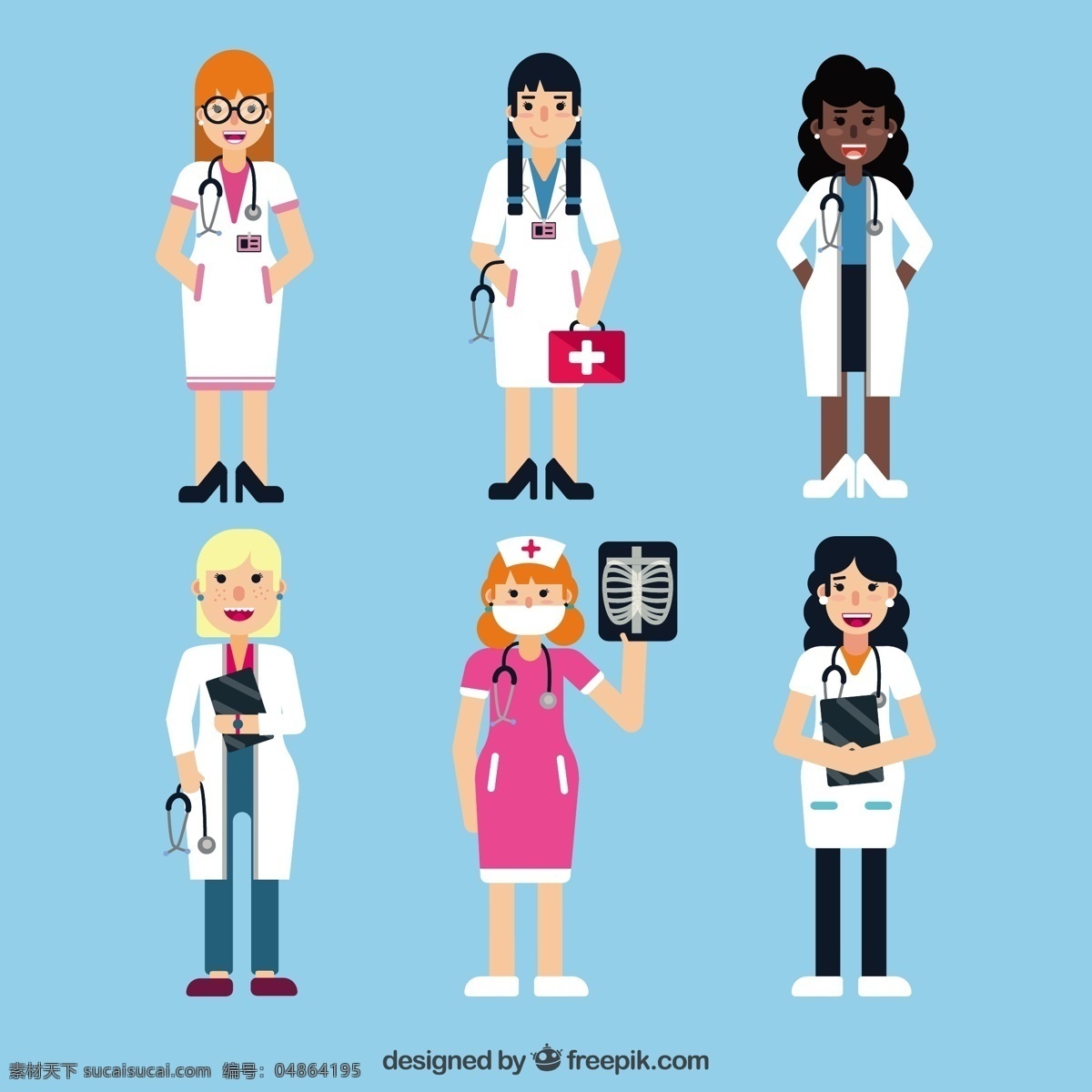 不同 女 医生 医疗 工具集 文字 卡通 健康 科学 微笑 医院 平板 医药 工具 白色 平面设计 制药 卡通人物 实验室 护理 医疗保健