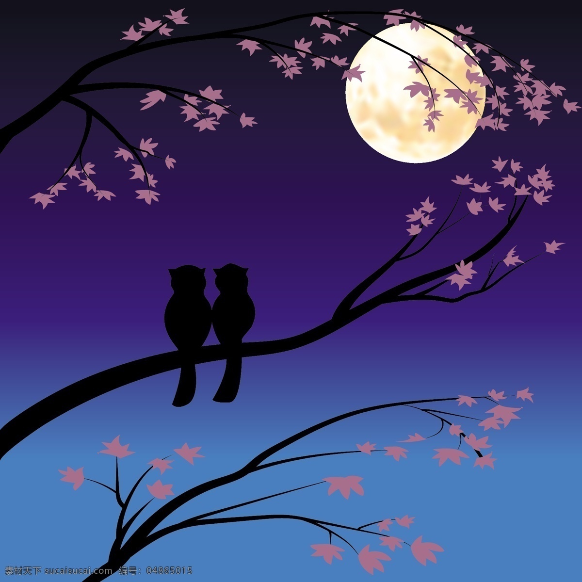 夜晚 枝头 上 浪漫 小鸟 插画 动物 月亮 唯美 爱情