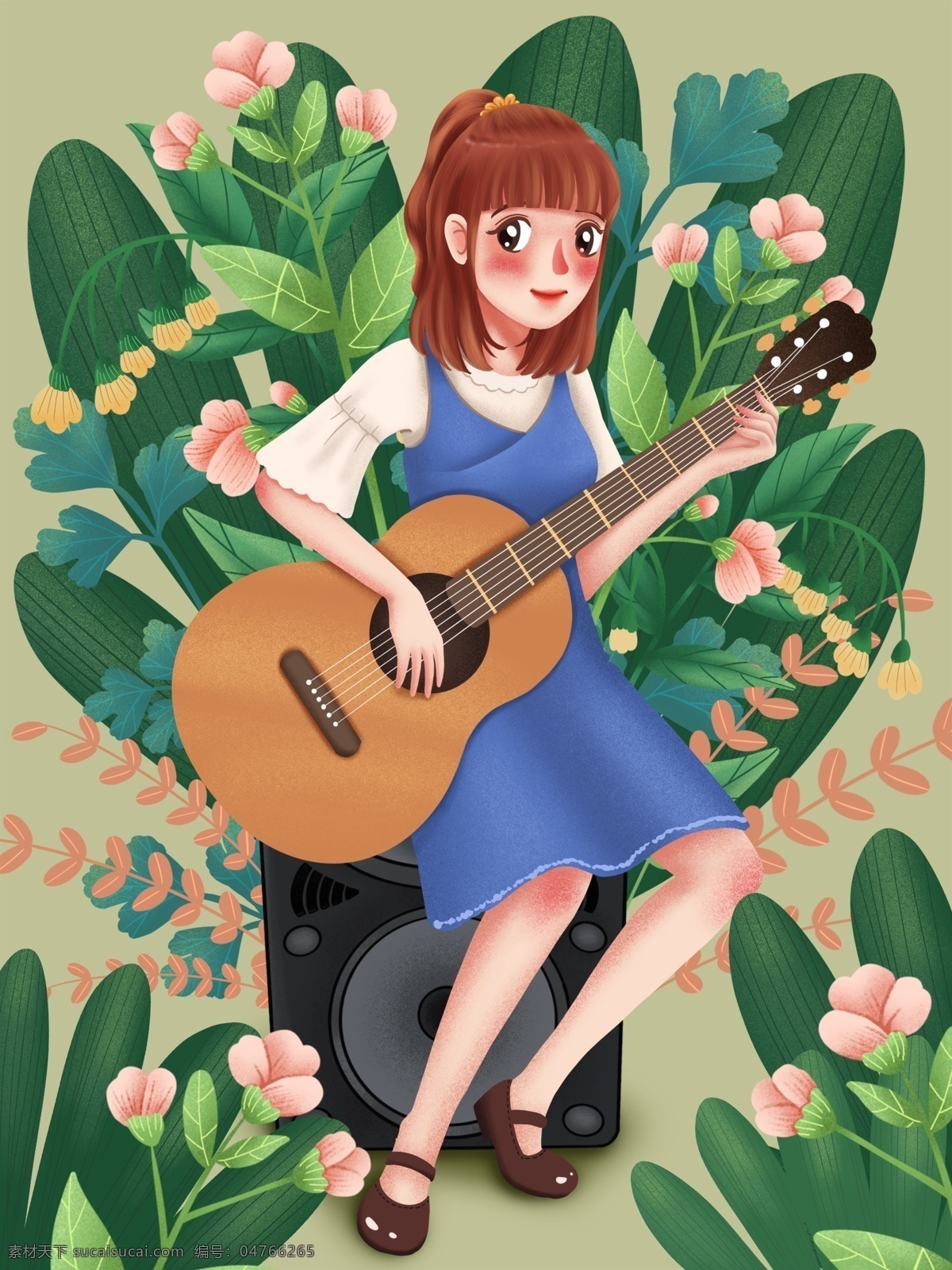青年节 花丛 中弹 吉他 少女 原创 插画 青年 女青年 女孩 青春 活力 弹吉他 音乐 花朵 绿色