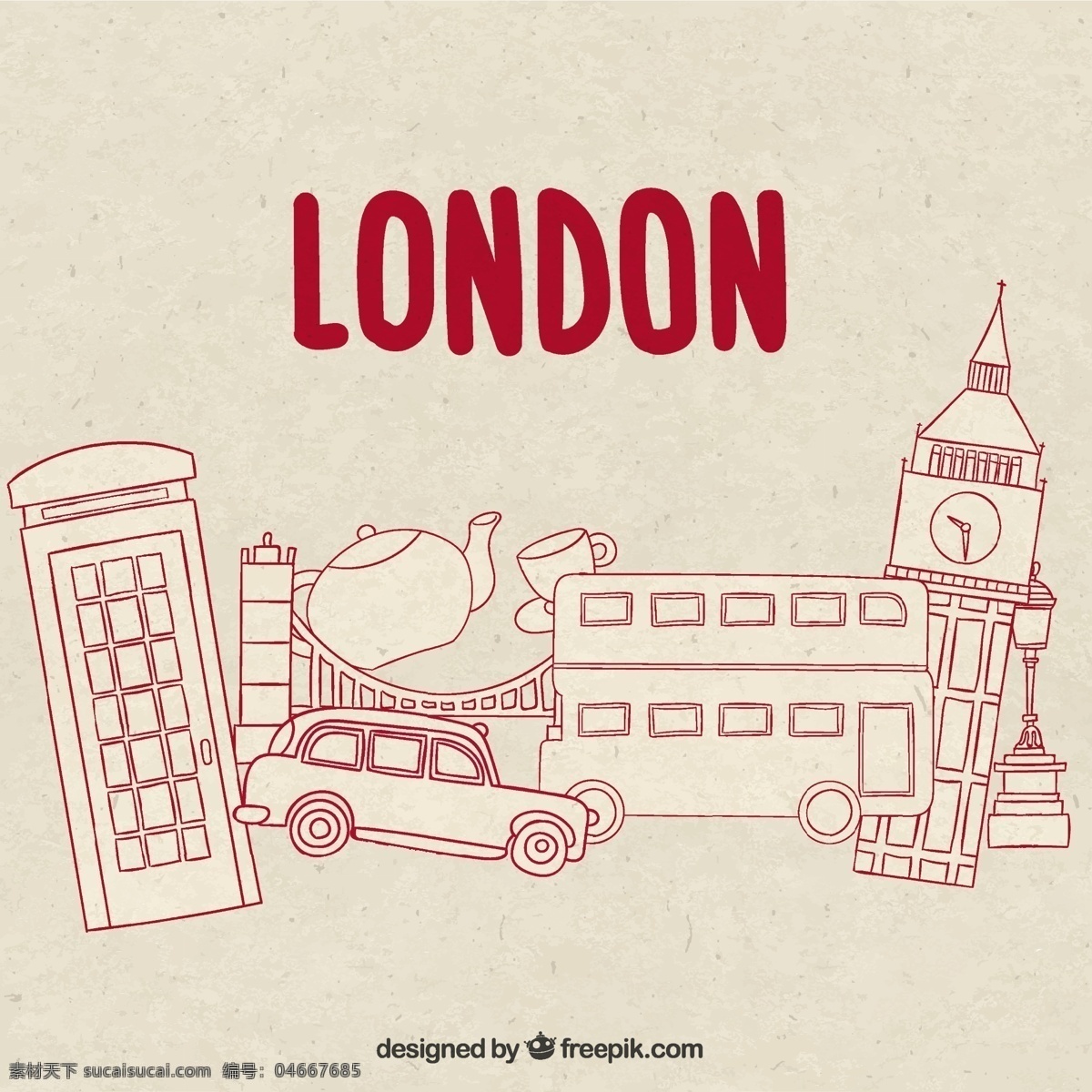 手工 绘制 伦敦 元素 租车 公交车 电话 沏茶 绘画 英国 手绘 盒子