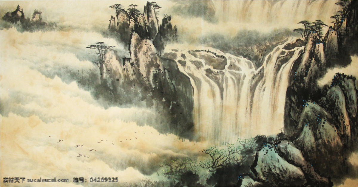 飞流 瀑布 水彩画 国画 风景 山水 文化艺术 传统文化