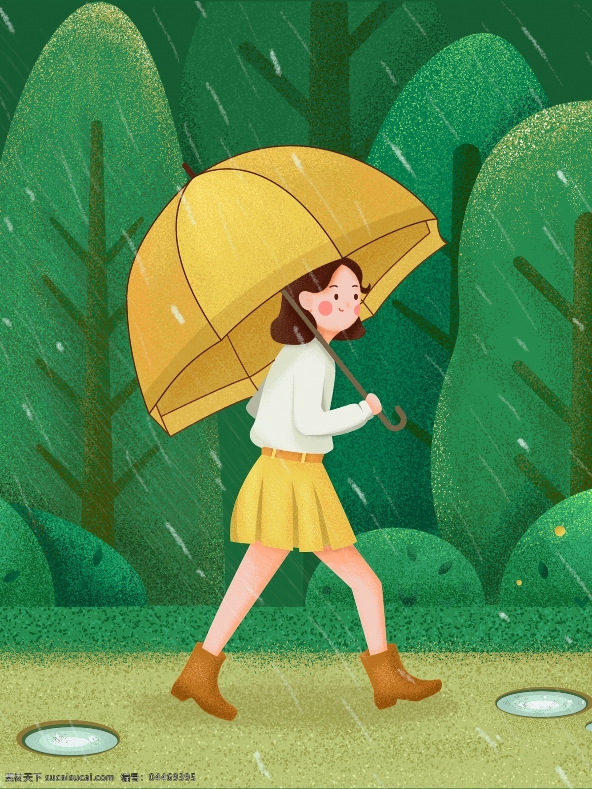 中国 气象 日 清新 雨天 噪 点 插画 撑伞 女孩 中国气象日 噪点 绿色 雨伞 树