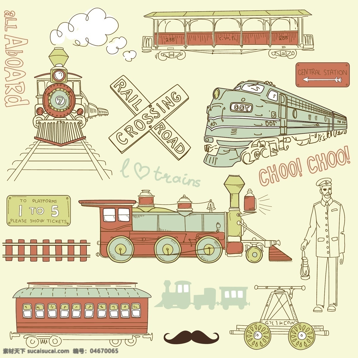 老式 火车 铁路 收集 涂鸦 矢量图 其他矢量图