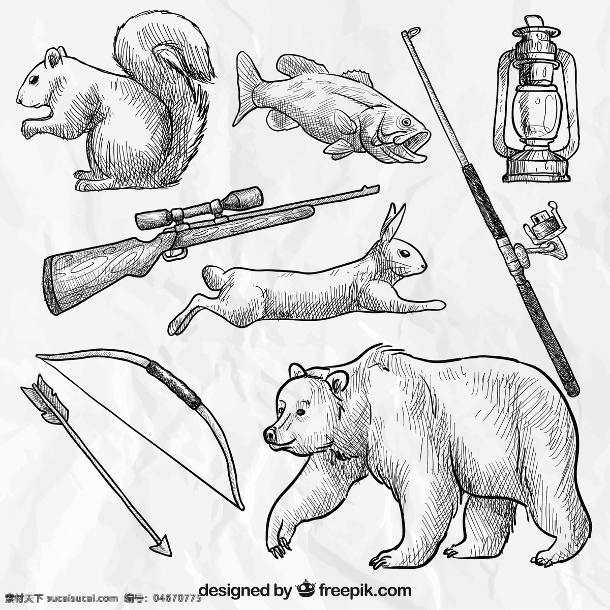 粗略 森林 动物 狩猎 武器 一方面 鱼 手绘 熊 兔 制图 手绘图 拉 亨特 白色