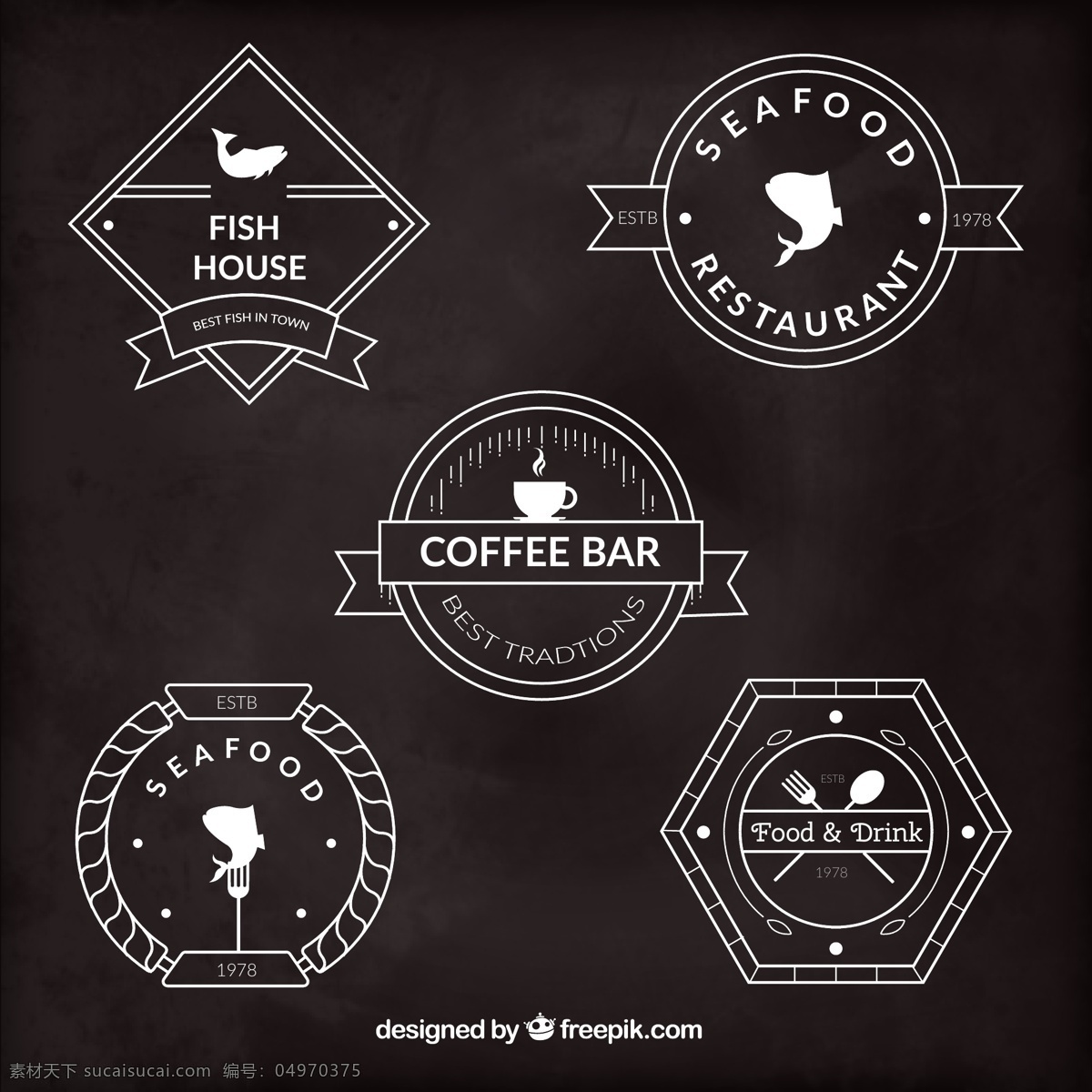 餐饮标签矢量 餐饮 餐厅 咖啡馆 标签 丝带 标志 食物 鱼 矢量图 ai格式 黑色
