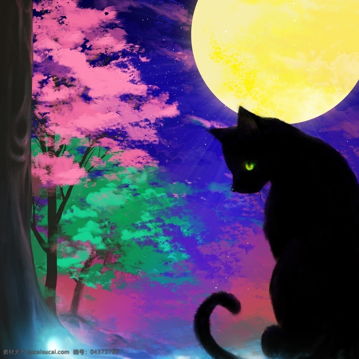 ps 插画 月亮 猫 情感 表达 创意设计 幽 月 树 天空 幽月