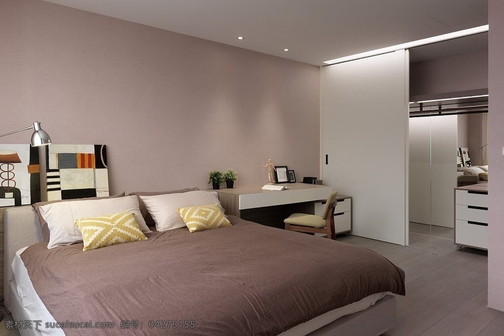 室内 卧室 时尚 环保 装修 效果图 时尚舒适大床 实木地板 粉色背景墙 黄色灯光 白色集成吊顶