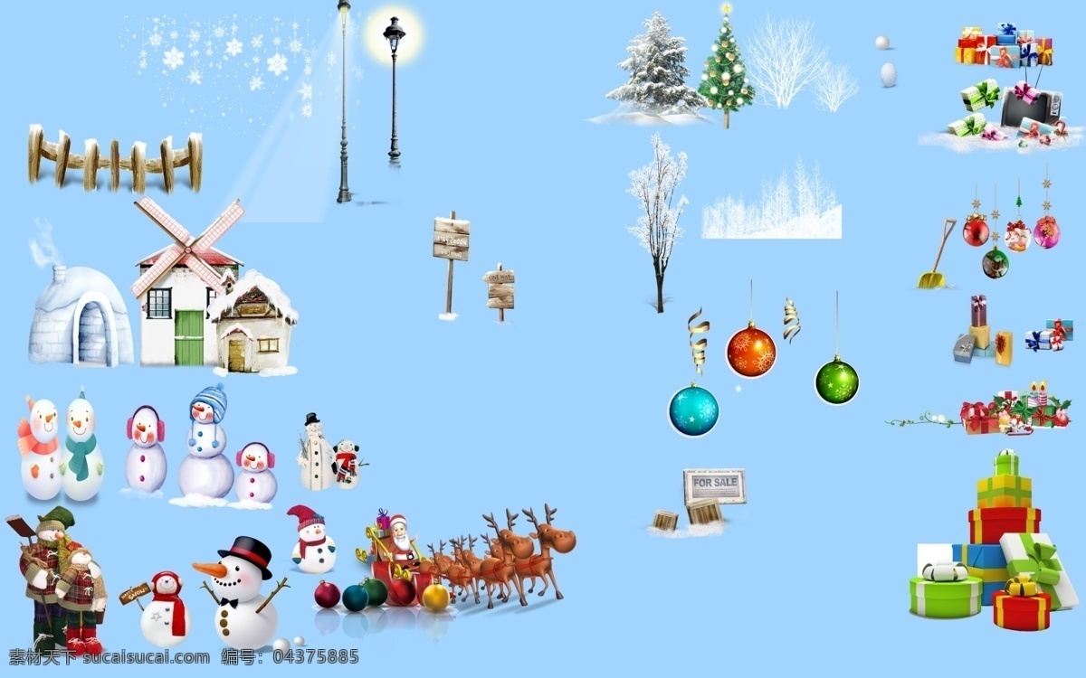 圣诞节 雪景 元素 汇总 分层 图 圣诞老人 马车 圣诞树 圣诞礼品 水晶球 雪人 雪景房子 路灯 围栏 雪树 指示牌 雪球 雪花