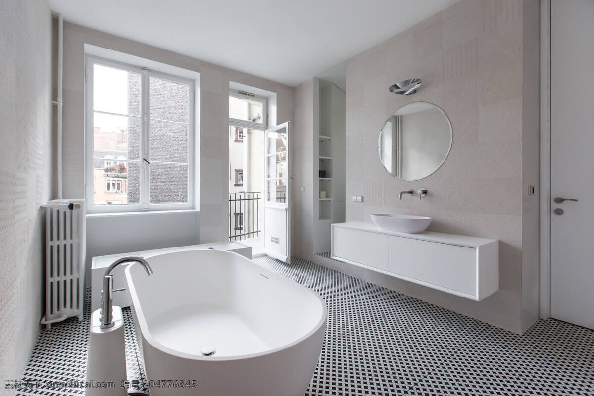 清新 纯洁 浴室 浅色 背景 墙 室内装修 效果图 浴室装修 条纹地板 白色浴缸 浅色背景墙